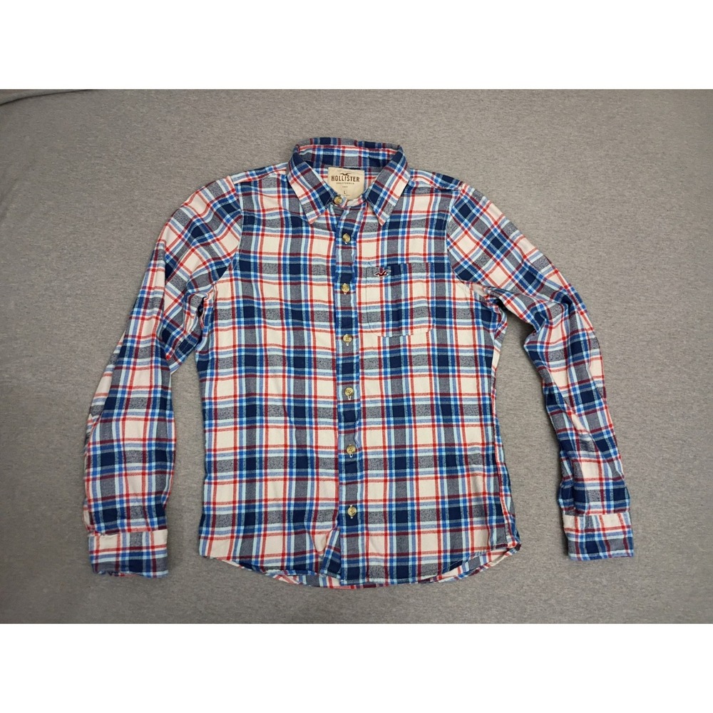 Hollister Mens Flannel Shirt Large Red Blue Plaid Long Sleeve Button Relaxed